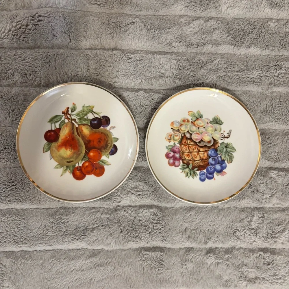 Two Vintage Fruit Gold Rimmed Deco Plates, Wall Decor, China, Salad Plates, 7”